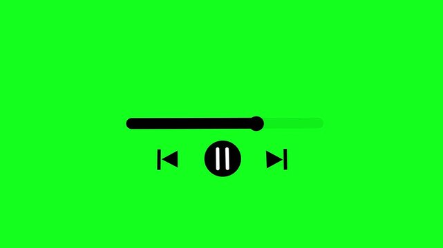 Animated music player interface with a progress bar, skip back, and pause button on a bright green screen background, representing digital media playback and control elements, perfect for overlays and