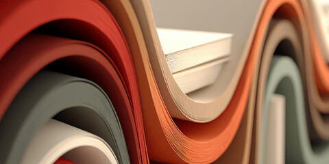 Rolled Layers of Colored Paper and Stack of White Sheets Abstract Background