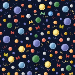 Seamless festive pattern with colorful balls, bows, and confetti on a black background. Bright cheerful design for wrapping paper, greeting cards, textiles, and holiday decor.