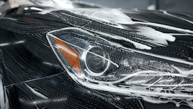Close-up of car headlight covered with foam during washing process. Concept of automotive detailing, clarity preservation, marketing for car cleaning services.