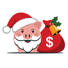 Cute piggy wearing santa hat with christmas money bag