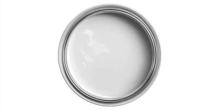 Top-down view of an open can of white paint on a white background. This image shows a fresh can of white paint, perfect for home improvement projects or artistic endeavors.