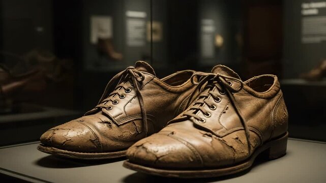 Old worn shoes placed under museum lighting on black surface, historical Holocaust exhibit of prisoner&rsquo;s belongings, personal object in memory display, symbolic relic of suffering and survival