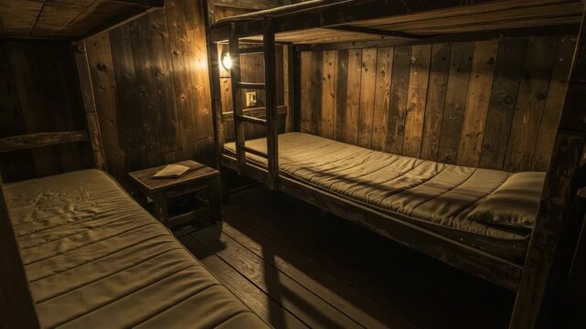Wooden bunk beds in preserved camp barrack, empty room with aged wood textures, war memory interior, Holocaust sleeping area, rustic sleeping space from prison history, historical wartime shelter