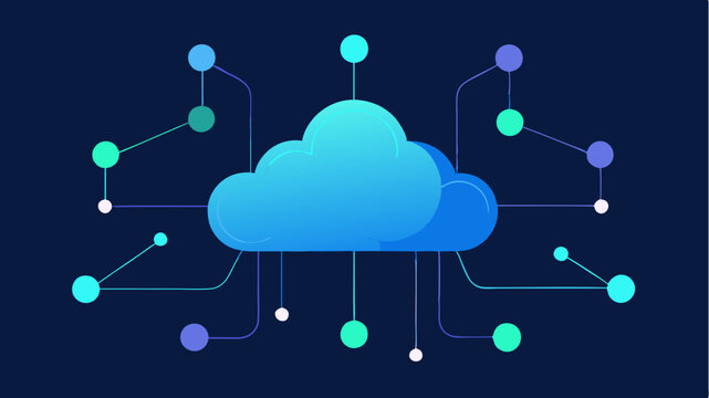 Abstract cloud shapes surrounded by glowing data nodes emphasizing cloud connectivity and networking.