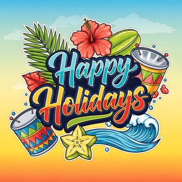 Happy Holidays Tropical Drums Hibiscus Starfruit Hand Lettering Graphic