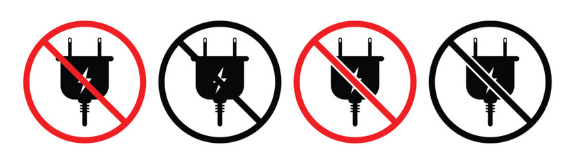 Electric Plug Ban Icon Set – Warning Sign and Energy Restriction Design.