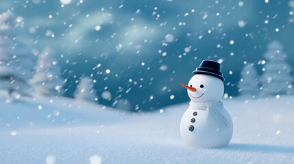 Fototapeta premium Snowman wearing a hat and scarf in a winter forest, creating a festive Christmas background and a cozy seasonal holiday atmosphere.