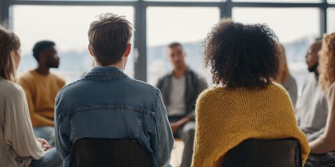 Diverse group sitting in circle near bright window having conversation from behind, concept for support group meeting, team brainstorming session and therapy session