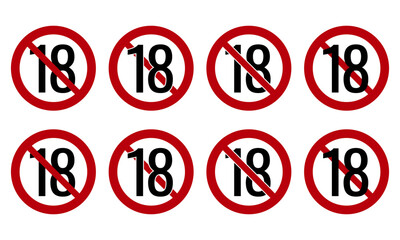 18 prohibited symbol vector set. Age restriction icons for warning labels and UI design. Icon versions with white and transparent backgrounds