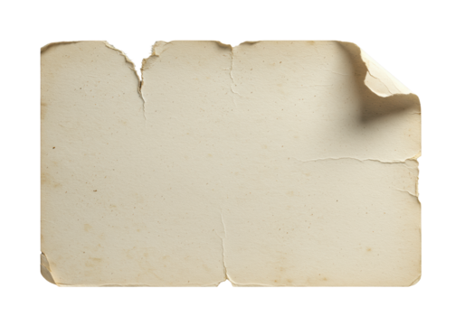 Ancient, cream blank paper with dramatic jagged tear, intricate creases, bent corner, isolated on gray background. Macro shot with raking light. Concept of fragility and decay