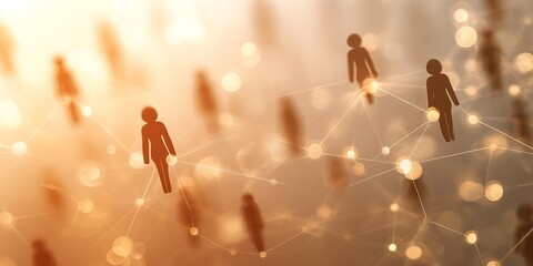 Symbolic human figures interconnected by lines and circles on a warm background, concept for social networking, organizational structure and global communication