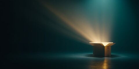 Naklejka na ściany i meble Open cardboard box with bright light rays coming out in a darkened room, concept for opportunity discovery, innovative solutions and creative thinking