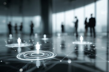 Abstract figures stand on a modern floor with a network connection against a blurred cityscape backdrop, concept for human resources, data visualization and employee management