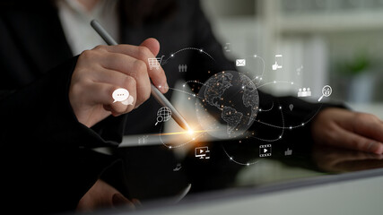 Visualization of global digital communication and online across multiple platforms, including global network, digital network, communication network, and online network. Latch