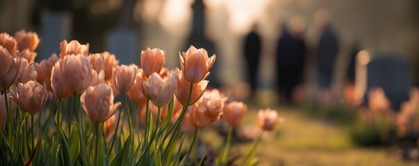 Peach tulips bloom in a cemetery with blurred figures and headstones during sunset, concept for memorial service, sympathy expression and funeral announcement