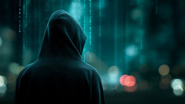 Rear view of hooded figure with digital code background on bokeh backdrop, concept for cyber security, online privacy and data protection - Powered by Adobe
