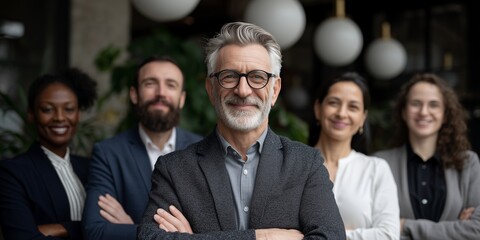 Confident mature businessman with diverse team in office environment, concept for leadership development, executive management and corporate success