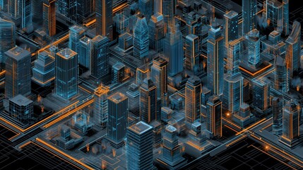 Isometric view of a futuristic cityscape with glowing lines and detailed architecture, concept for urban planning, technological advancement and virtual reality landscapes