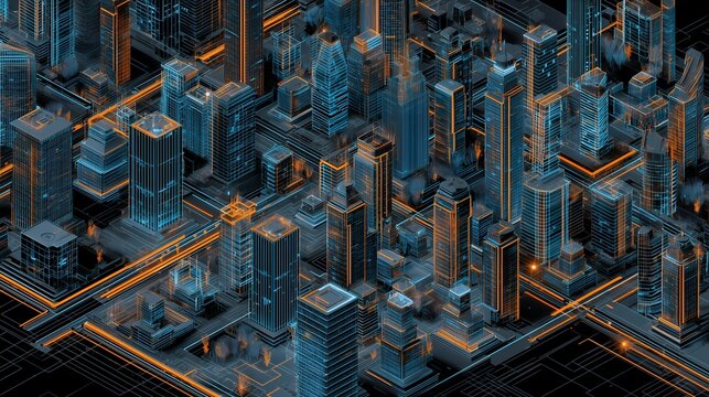 Isometric view of a futuristic cityscape with glowing lines and detailed architecture, concept for urban planning, technological advancement and virtual reality landscapes