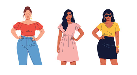 Obraz premium Three diverse women posing in stylish outfits on a white background.