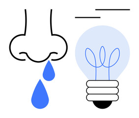 Nose with blue drops symbolizing smell alongside a light bulb representing creativity and innovation. Ideal for science, health, innovation, inspiration, ideas, education, and metaphor. Simple flat