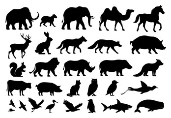 Naklejka premium A collection of animal silhouettes, including a giraffe, a camel, a deer, a bear, and a bird. Vector. Silhouette illustration.
