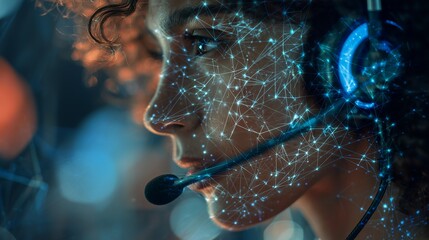 Close-up of woman with headset and network of glowing connections on face, concept for telecommunications interface, data visualization and advanced technology integration