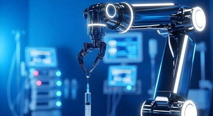Fototapeta premium Futuristic robotic arm holds a syringe in a high-tech medical facility, symbolizing advanced AI automation and innovation in healthcare
