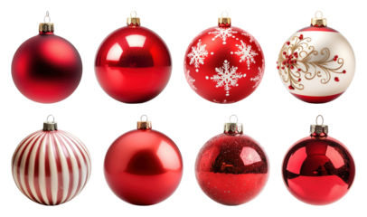 PNG Festive red Christmas ornaments collection, element set on transparent background