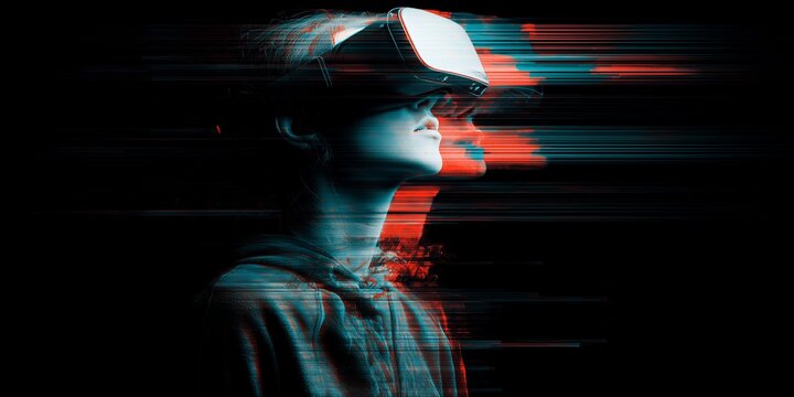 Young woman wearing VR headset, immersed in digital reality with glitch effect. Concept for future technology, gaming industry and immersive experiences