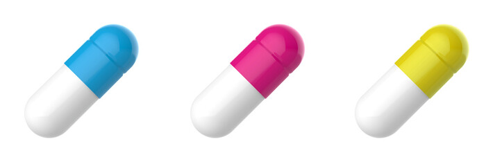 Three antibiotic capsules on white background. 