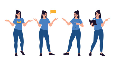 Fototapeta premium Four diverse illustrations of a woman in blue top and pants with different gestures and props.