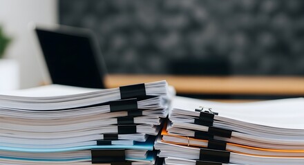Neatly organized stacks of business documents secured with black binder clips on a modern office desk, symbolizing efficient administration, detailed record-keeping