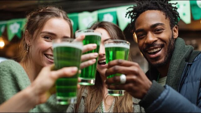 Happy group of friends celebrating St. Patrick&rsquo;s Day with green beer in a festive setting. They smile at the camera while enjoying drinks and wearing green accessories in a cheerful atmosphere.