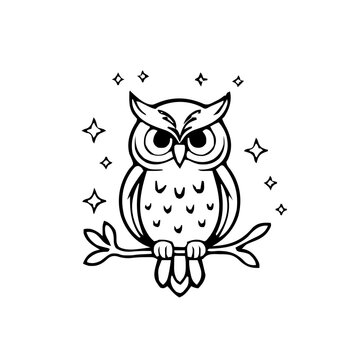 Halloween &ndash; Spooky Creatures & Characters (BW Outline) &ndash; owl perched with sparkles