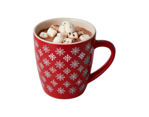 Festive winter mug with hot chocolate and marshmallows on transparent background