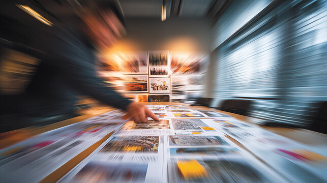 Creative professional reviewing communication materials in motion blur office scene