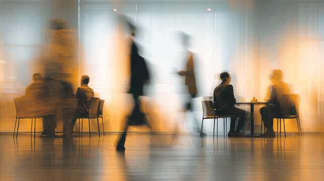 Motion blur of professionals networking and discussing ideas in warm toned office