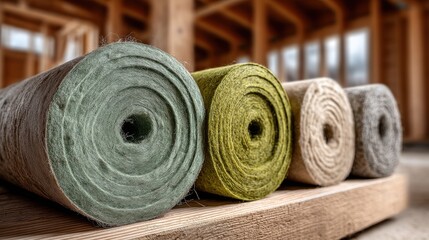 Green Insulation: Rolls of eco-friendly hemp fiber insulation material laid out in modern sustainable home interior under construction with wooden frames

