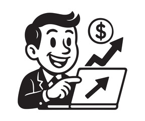 Happy retro business man celebrating financial success with upward trending arrow on laptop, perfect for investment marketing or financial growth campaigns