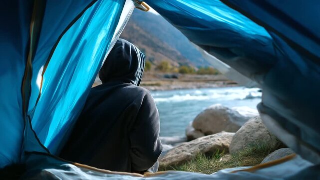 Anonymous camper's silhouette at tent entrance with focused blue fabric and defocused mountain river background, with copy space
