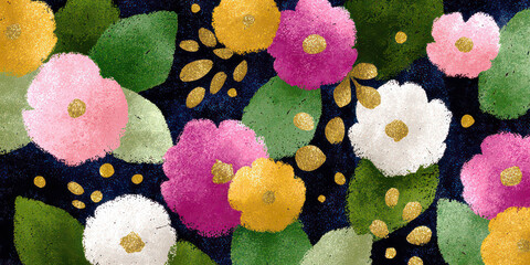 Childlike Drawing of Colorful Flowers and Leaves with Gold Glitter on Dark Background
