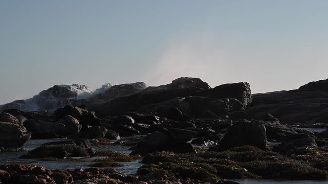 Stormy ocean waves. Big waves crashing on the rocks
