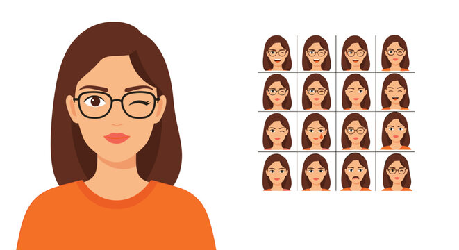 A woman with brown hair and glasses displays various emotions in a grid of illustrations.