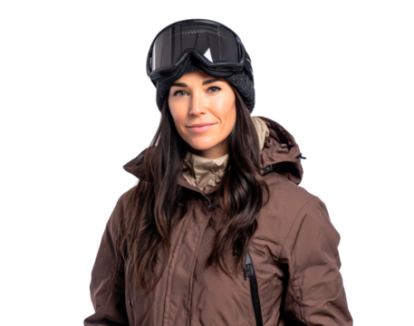 Confident woman in winter jacket and goggles for outdoor snow activities on transparent background