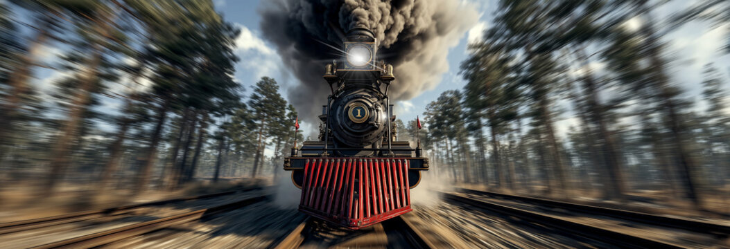 Front view of a black 19th-century steam locomotive with red cowcatcher runs towards the camera. A hyper-realistic photo that captures the fast movement of the train through a forest. Generative Ai.