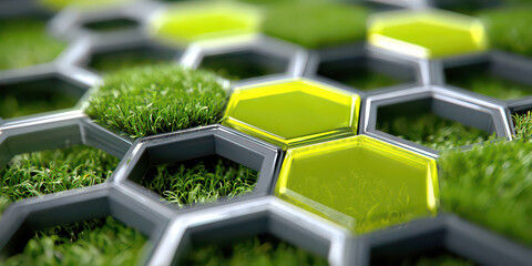 Hexagonal Grid with Green Moss and Fluorescent Yellow Glass Tiles Ecology Technology
