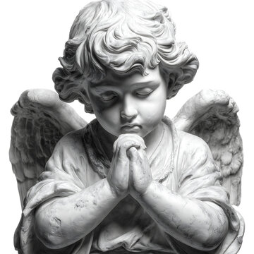 cherub statue praying with folded hands isolated on white background