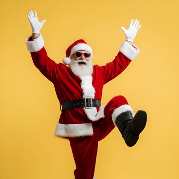 f&ecirc;te de No&euml;l, P&egrave;re No&euml;l funky et fou chantant et dansant sur des chansons, m&eacute;lodie sonore, &eacute;couter la musique, danser, porter un chapeau de No&euml;l &eacute;l&eacute;gant et des bretelles, isol&eacute; sur fond jaune
